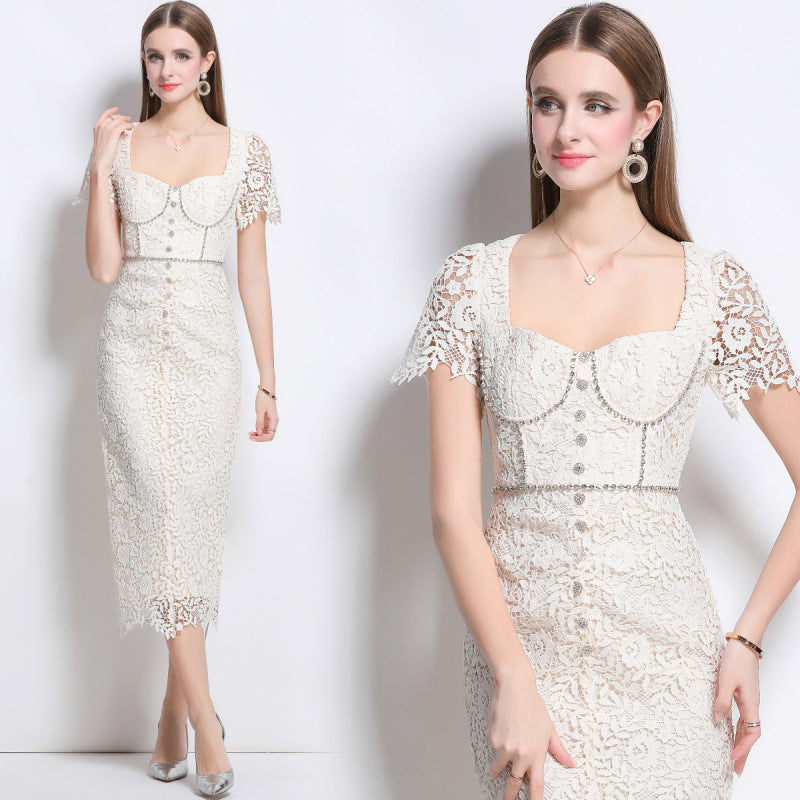 Elegant Lace Pearl-Button Midi Dress - 911152070726_APRICOT