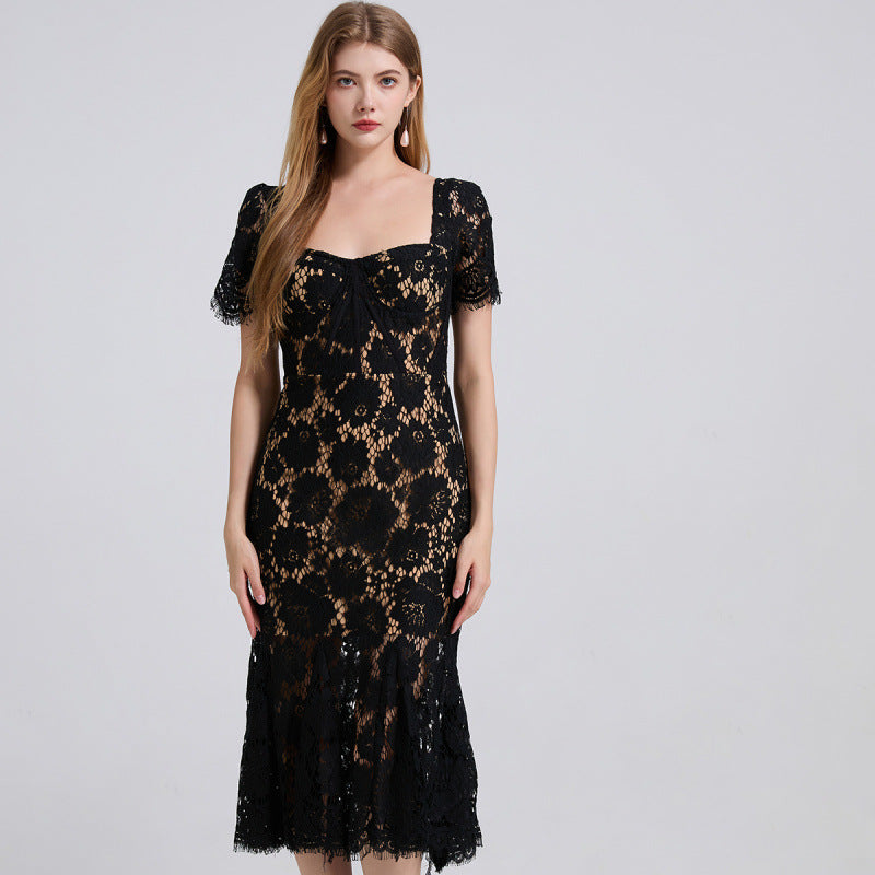 Midnight Elegance Black Lace Midi Dress - 912087138600_BLACK