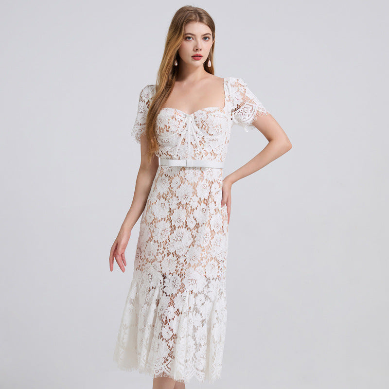 Ivory Grace Floral Lace Midi Dress - 912087138600_WHITE