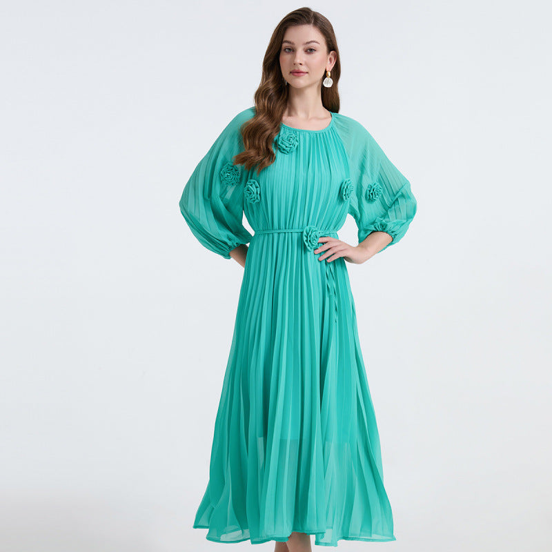 Emerald Breeze Pleated Midi Dress - 906472342218_GREEN