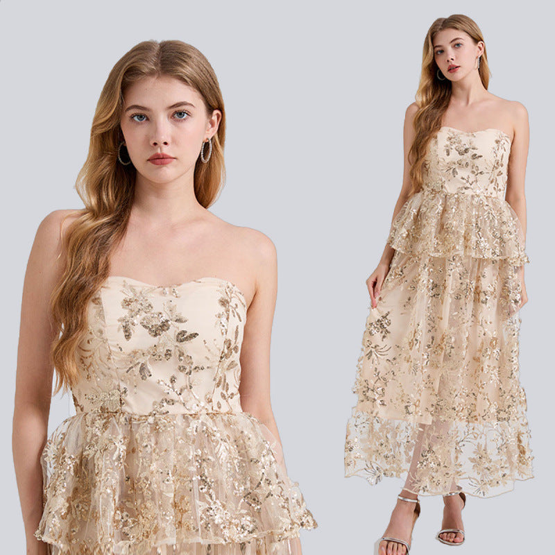 Champagne Gold Floral Sequin Tiered Maxi Dress