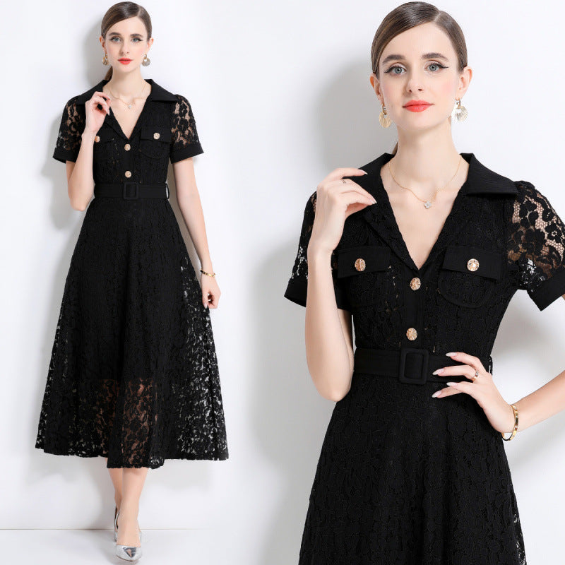 Black Lace Military Midi Dress