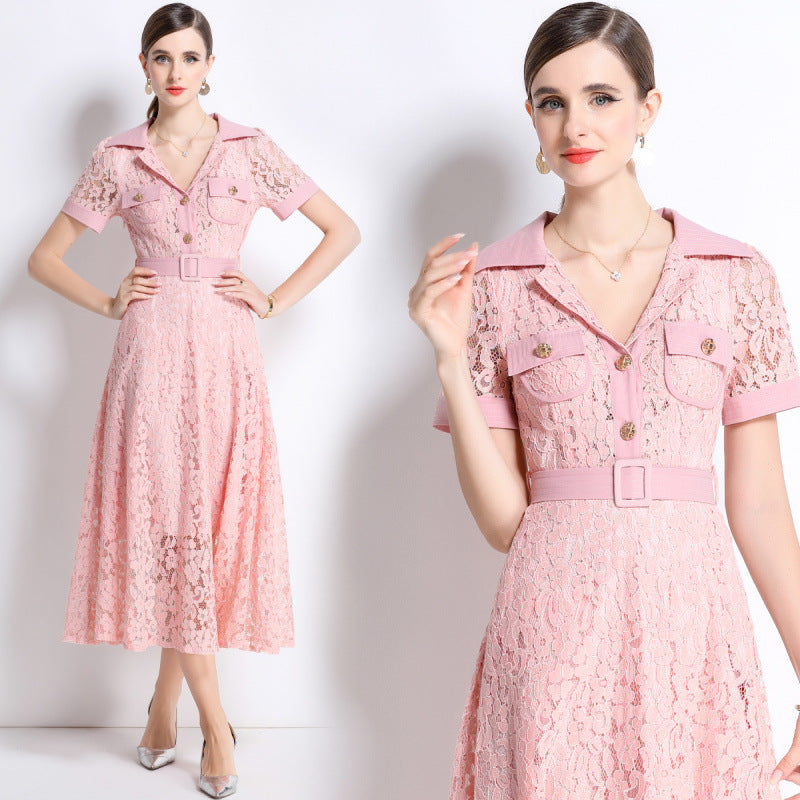 Blush Pink Lace Military Midi Dress