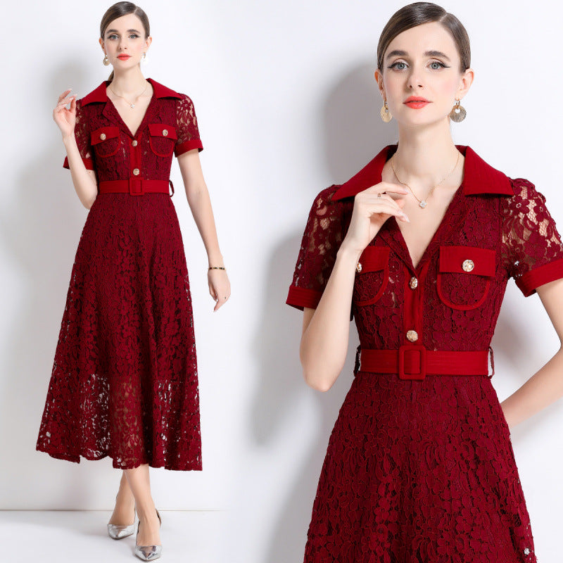Burgundy Lace Military Midi Dress