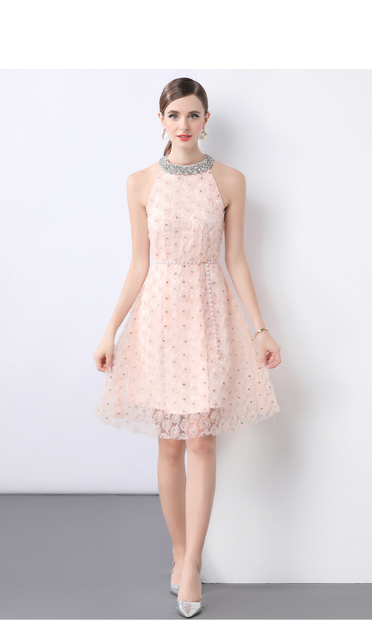 Blush Rosette Halter Dress with Pearl Belt