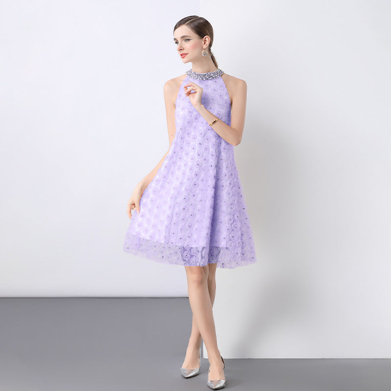 Lavender Bloom Halter Dress with Rosette Lace
