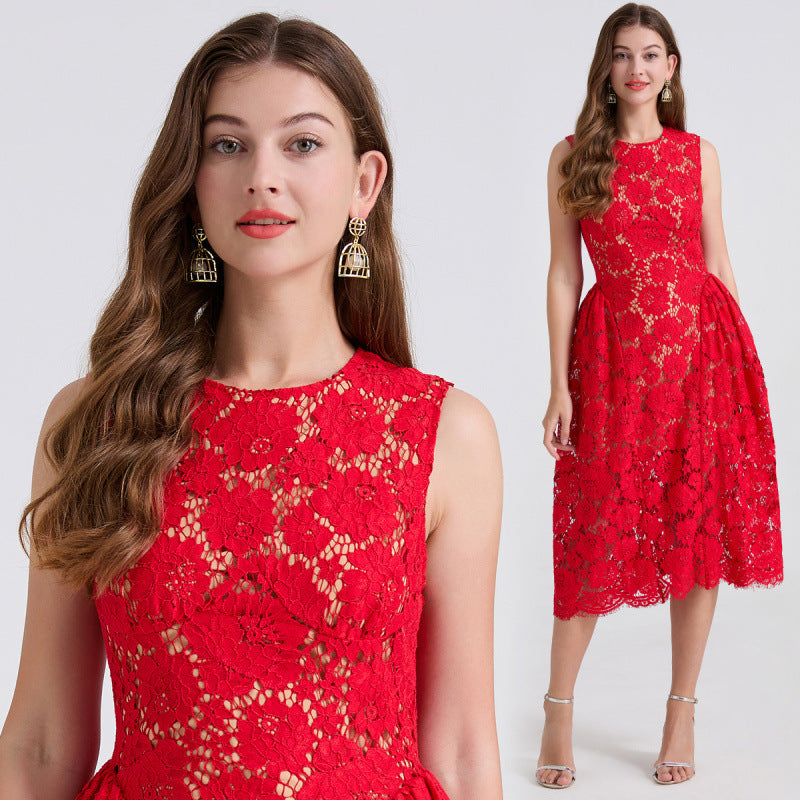 Crimson Bloom Lace Dress