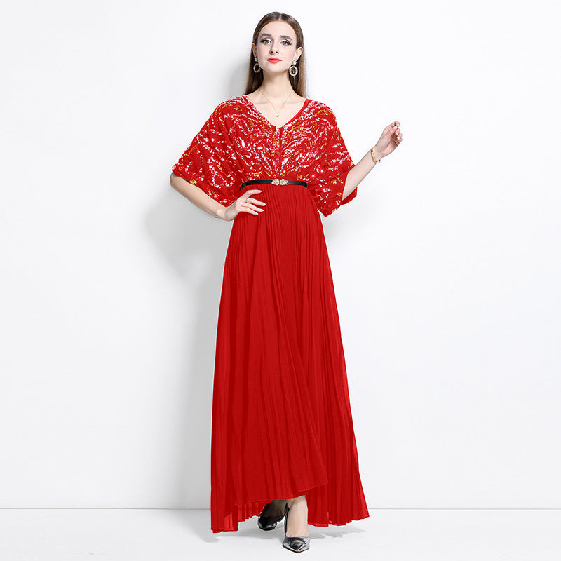 Crimson Radiance Sequin Pleat Maxi