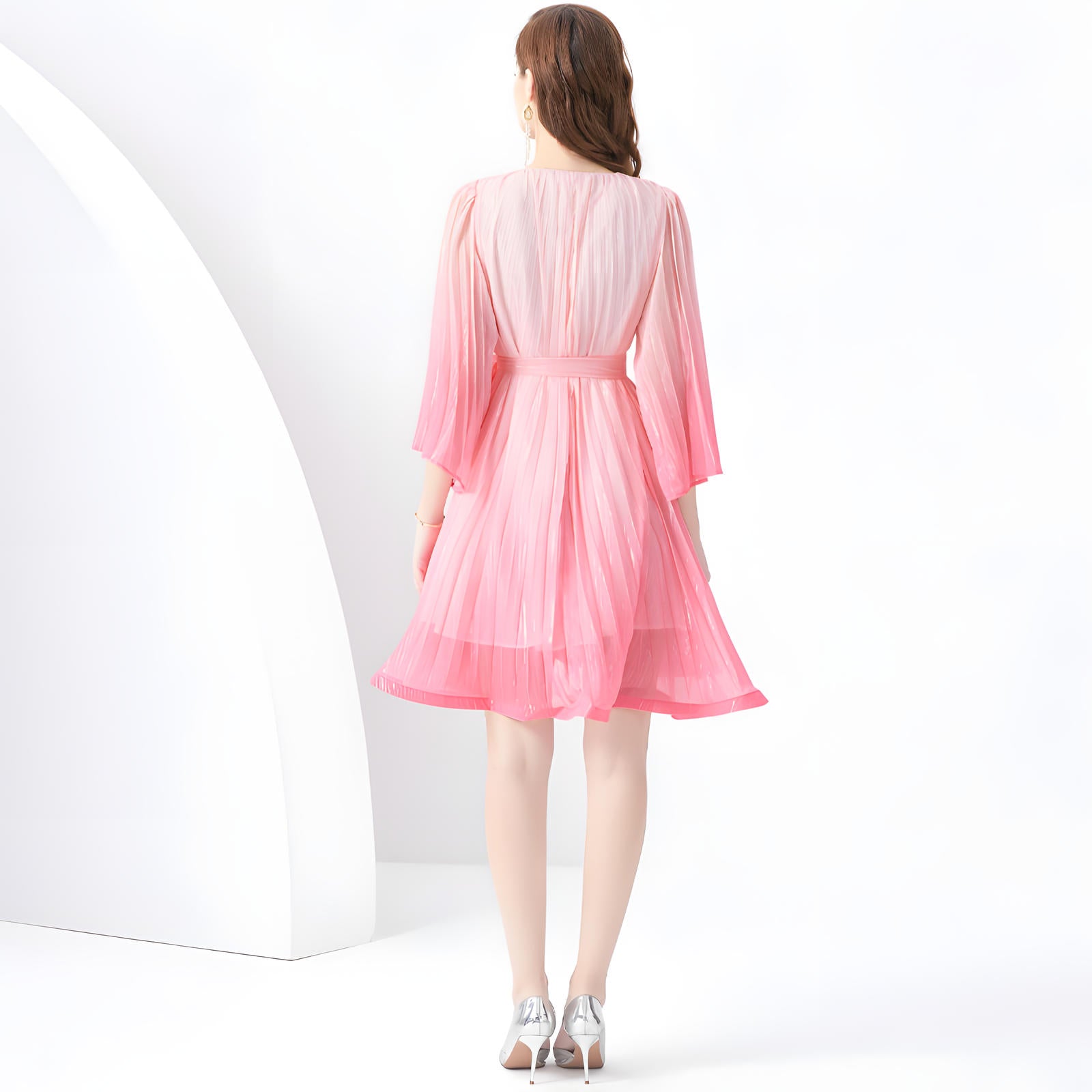 Soft Pink Gradient Glimmer Free-Flow Belted Short Dress - 01231555862_PIN