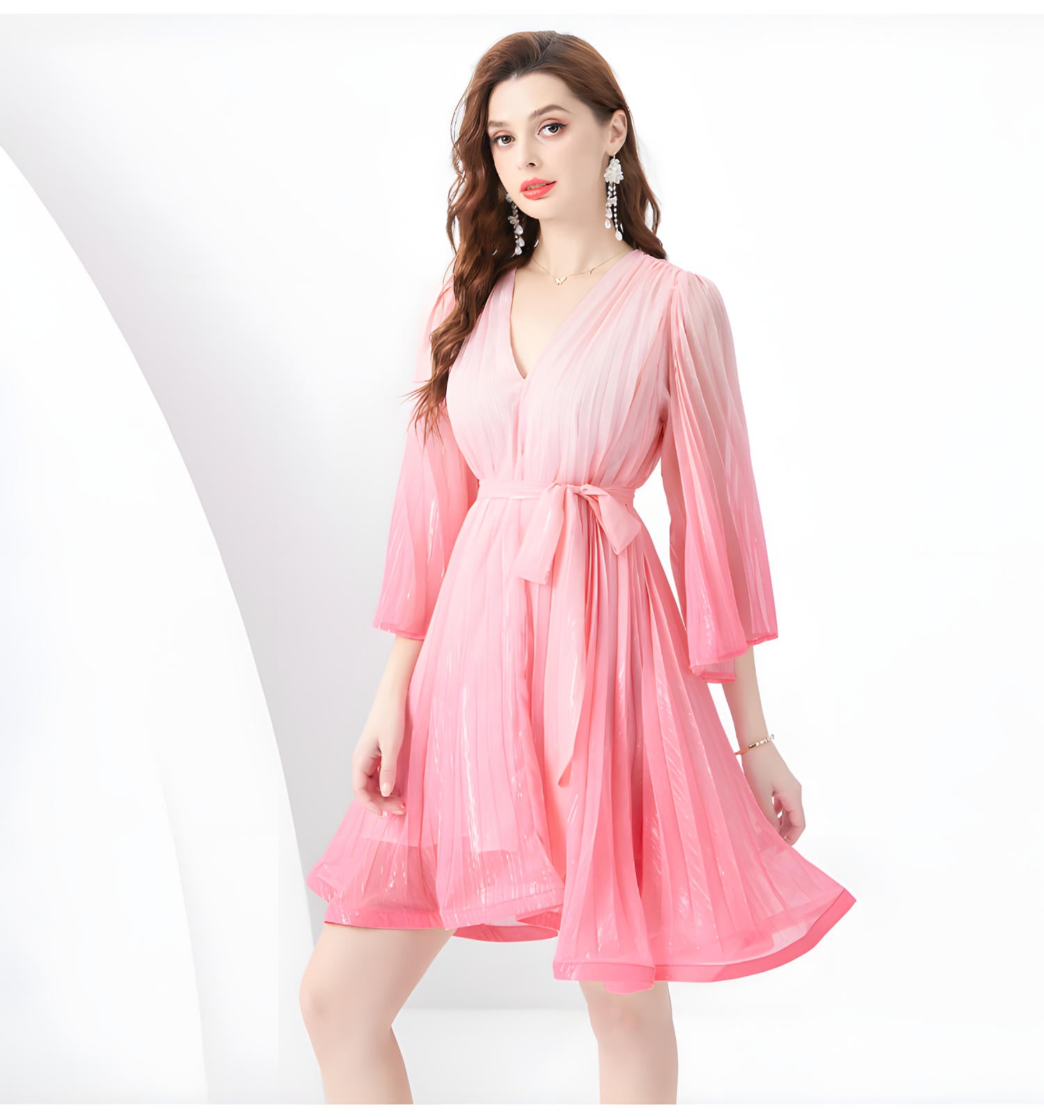 Soft Pink Gradient Glimmer Free-Flow Belted Short Dress - 01231555862_PIN