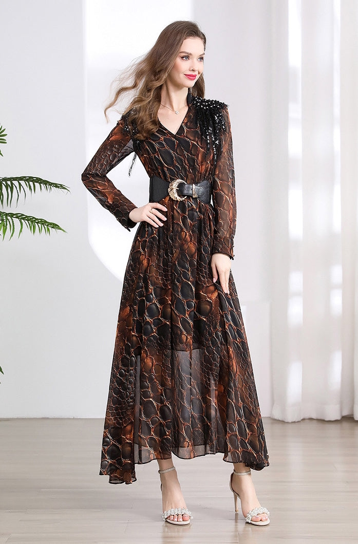 Elegant Serpentine Sheer Maxi Dress - 901487024172_BROWN