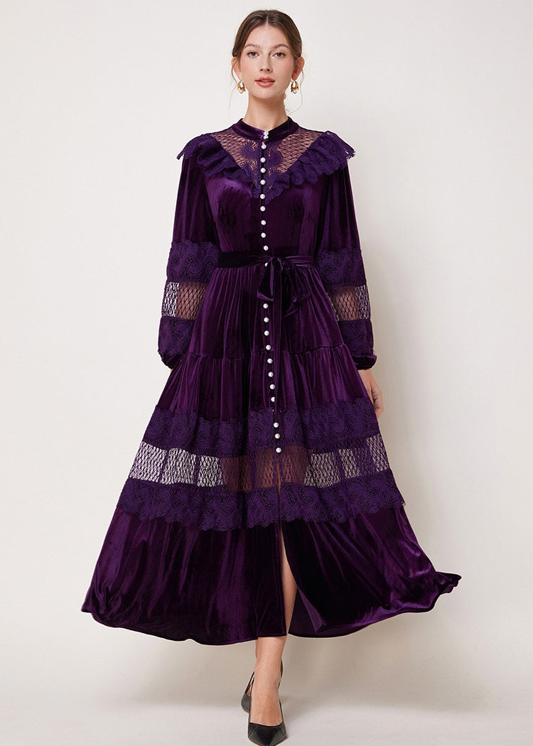 Purple Velvet Lace Maxi Dress