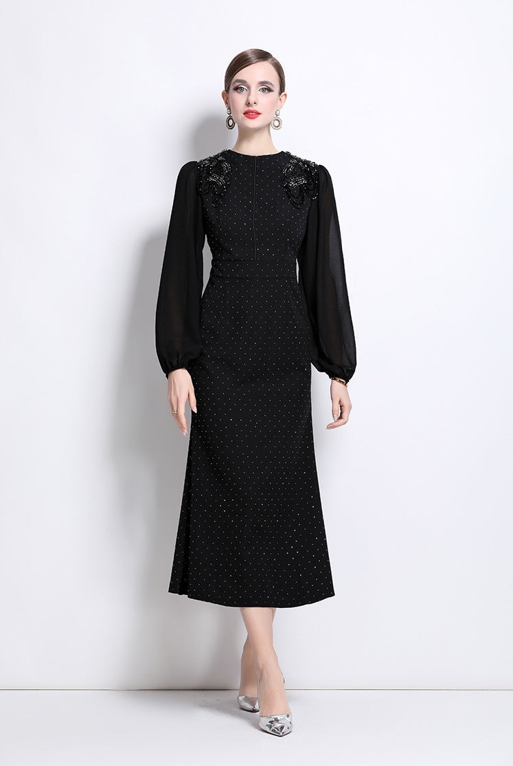 Elegant Noir Embellished Midi Dress - 918137011583_BLACK