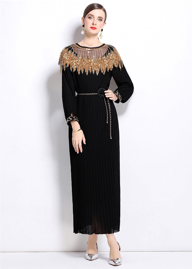 Elegant Black Maxi Dress with Gold Embellishments