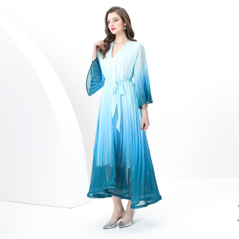 Ocean Blue Ombre Pleated Maxi Dress