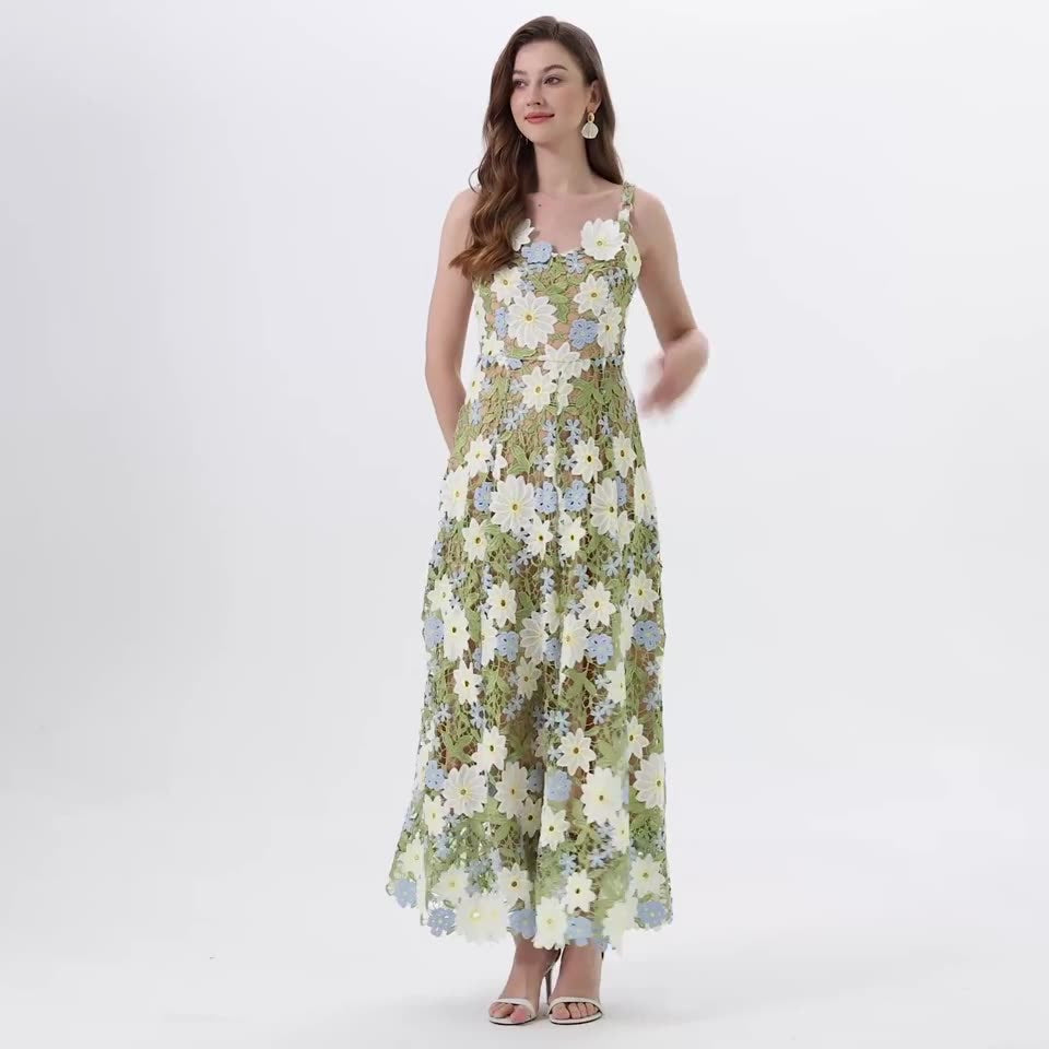 Meadow Bloom Embroidered Lace Dress - 902466078623_GREEN