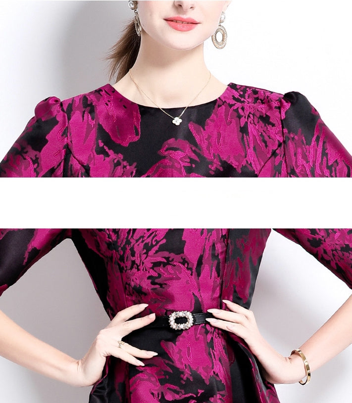 Jacquard Fuchsia Dress With Fitted Vest and Hepburn skirt