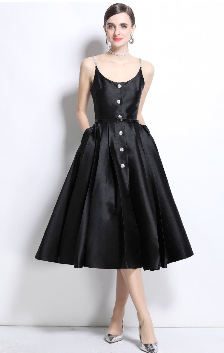 Black Satin Crystal-Button Midi Dress