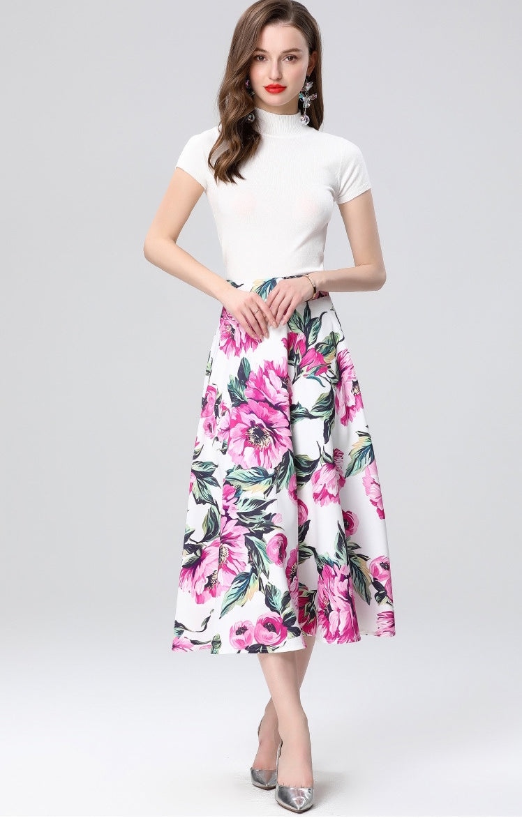 White Floral Midi Skirt Two Piece Set