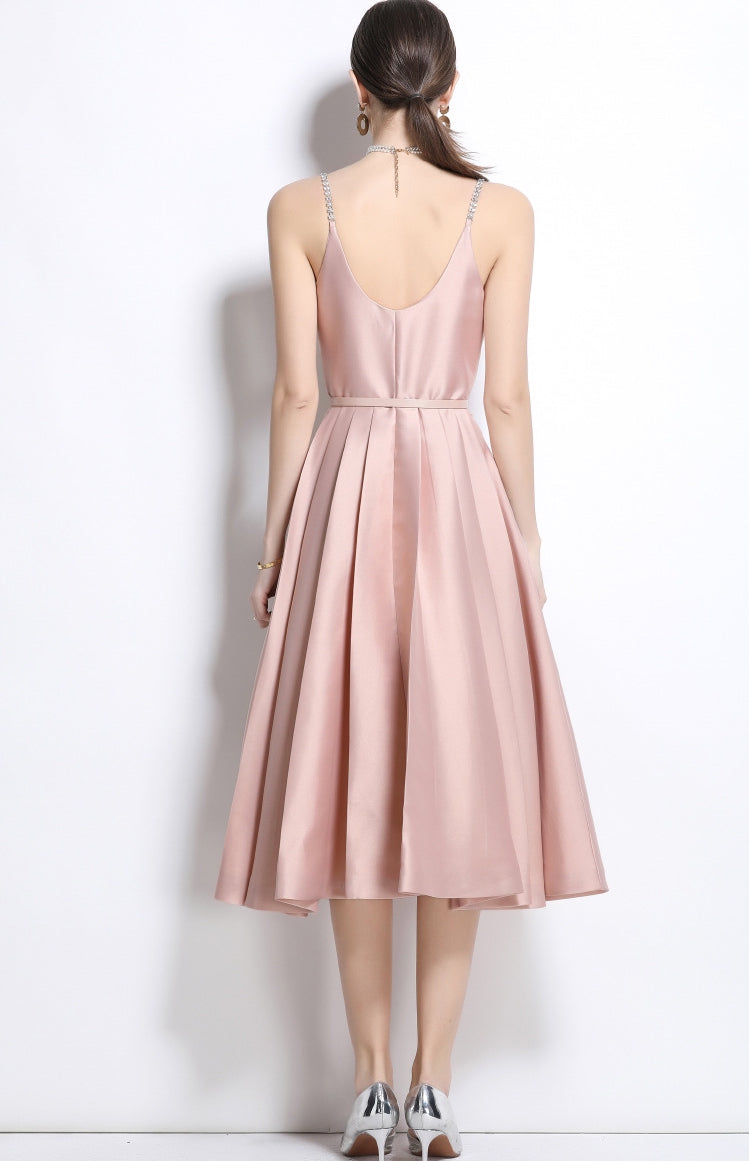 Blush Satin Crystal-Button Midi Dress