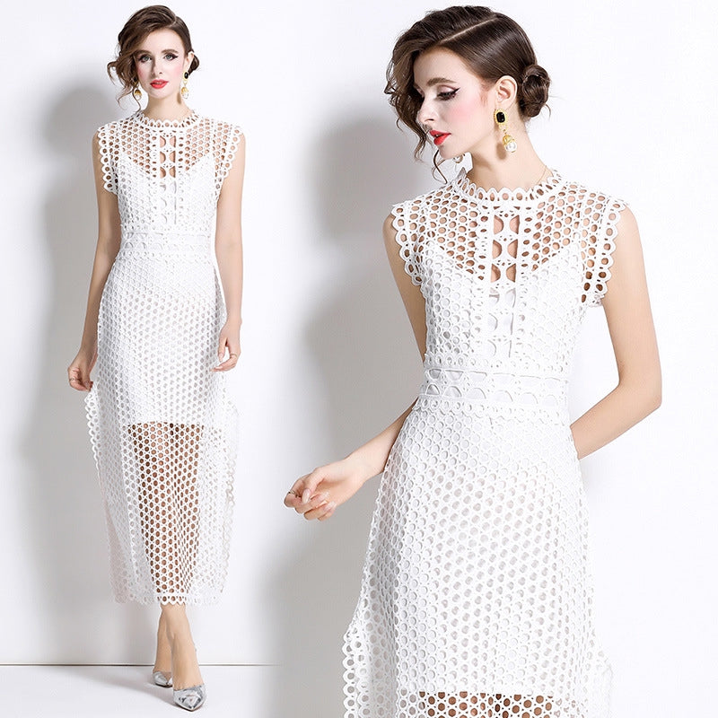 White Hollow-Out Lace Midi Dress