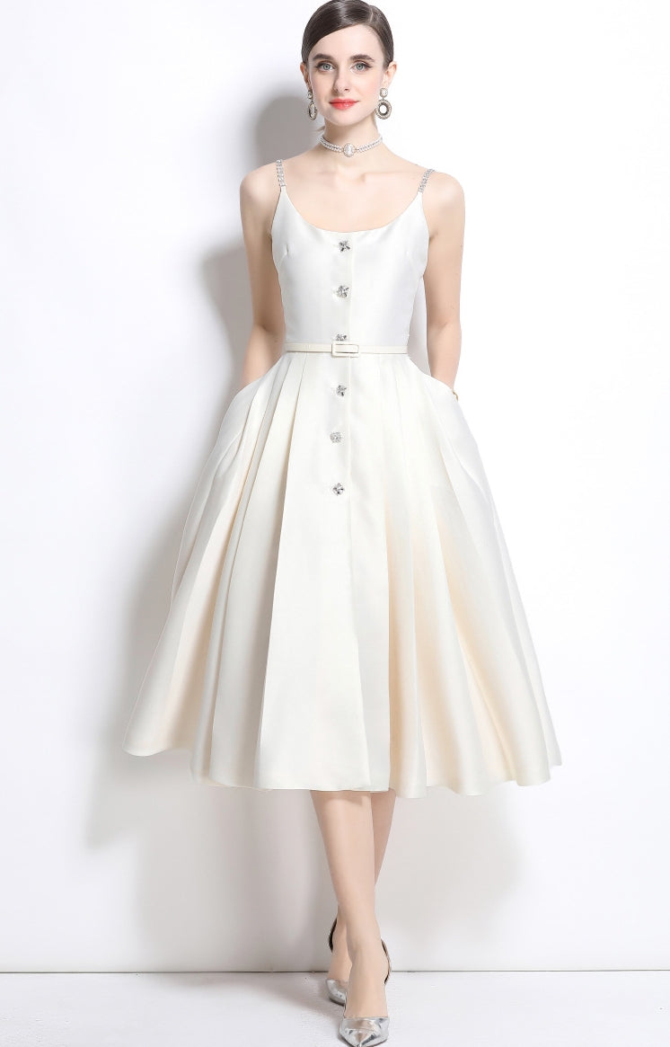 Ivory Satin Crystal-Button Midi Dress