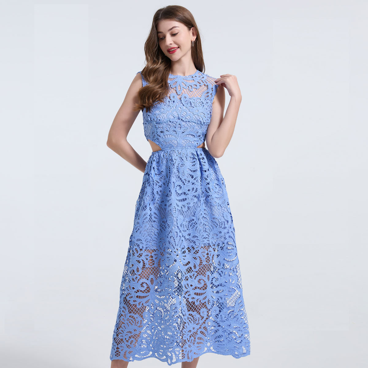Elegant Sky Blue Lace Midi Dress