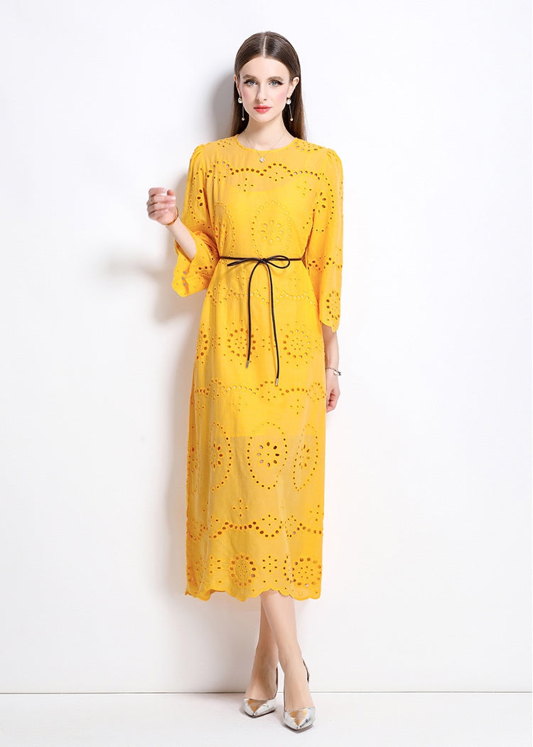 Sunburst Eyelet Belted Midi Dress - 902368523846_TURMERIC