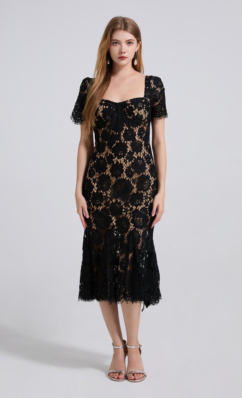 Midnight Elegance Black Lace Midi Dress - 912087138600_BLACK