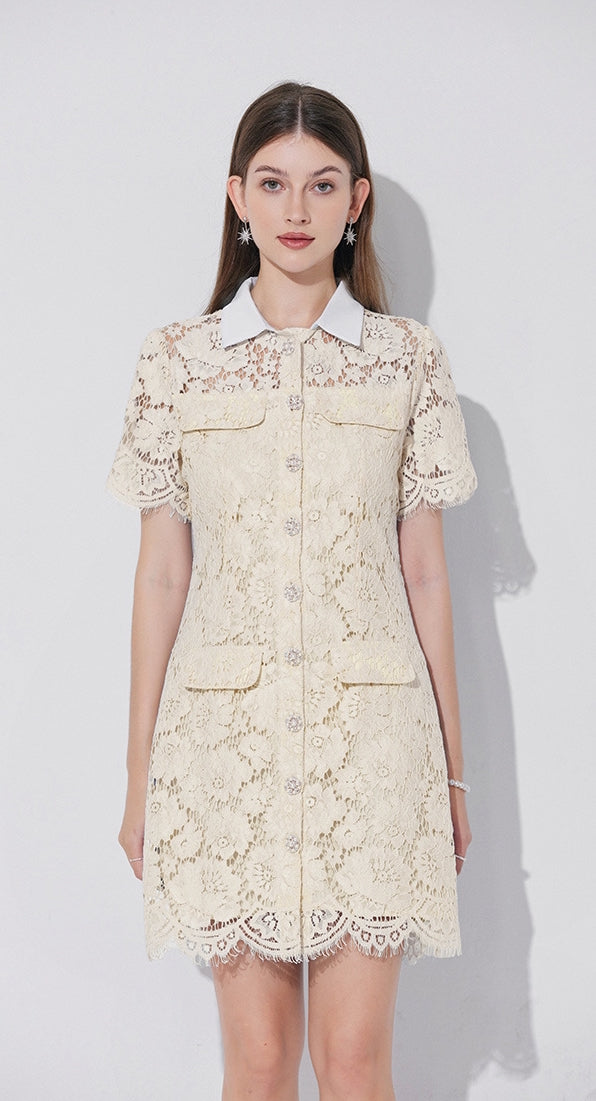 Vanilla Cream Collared Lace Utility Dress - 902176944234_APRICOT