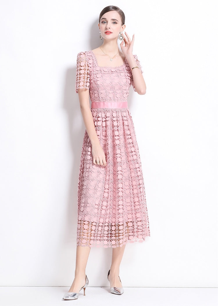 Elegant Pink Lace Midi Dress