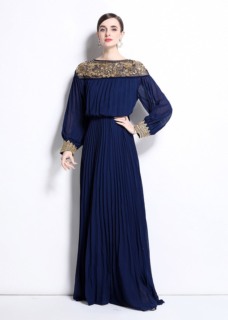 Midnight Majesty Embroidered Pleated Gown