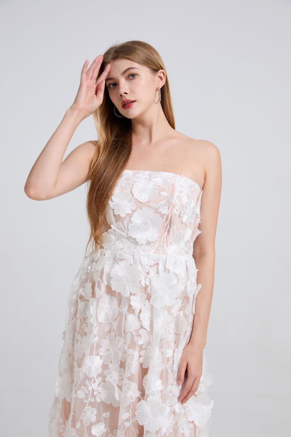 Blossom Veil Strapless White Embroidered Dress - 912071976607_WHITE