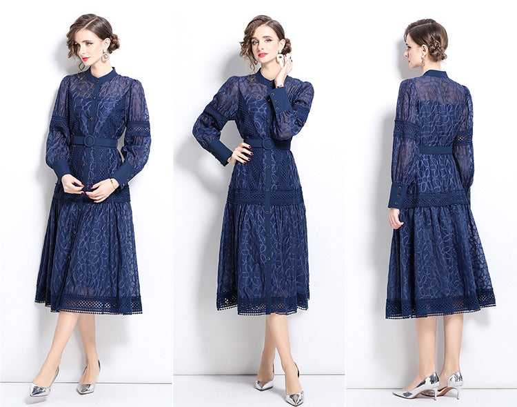 Elegant Navy Blue Lace Midi Dress with Belt