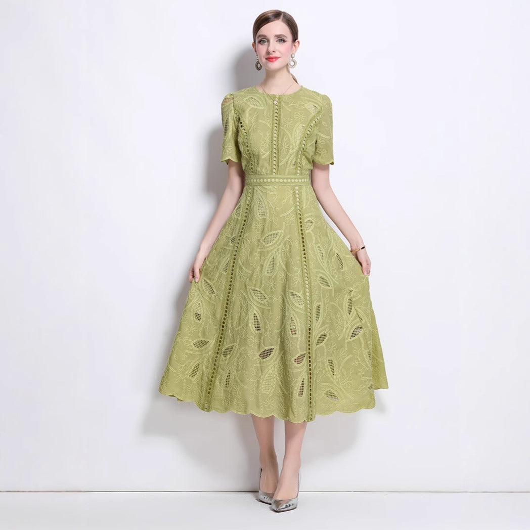 Olive Whisper Embroidered Midi Dress