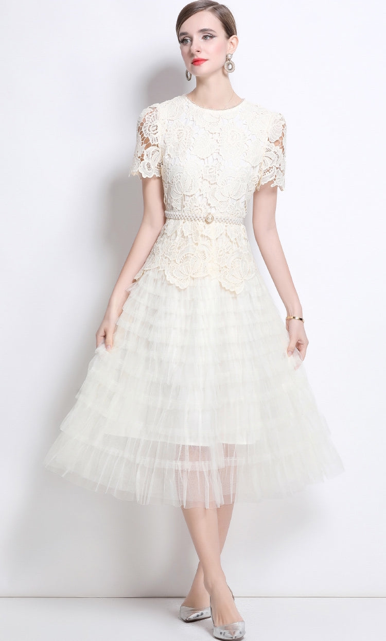 Vintage Bloom Lace & Tulle Midi Dress With Pearl Belt