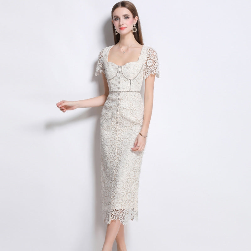Elegant Lace Pearl-Button Midi Dress - 911152070726_APRICOT