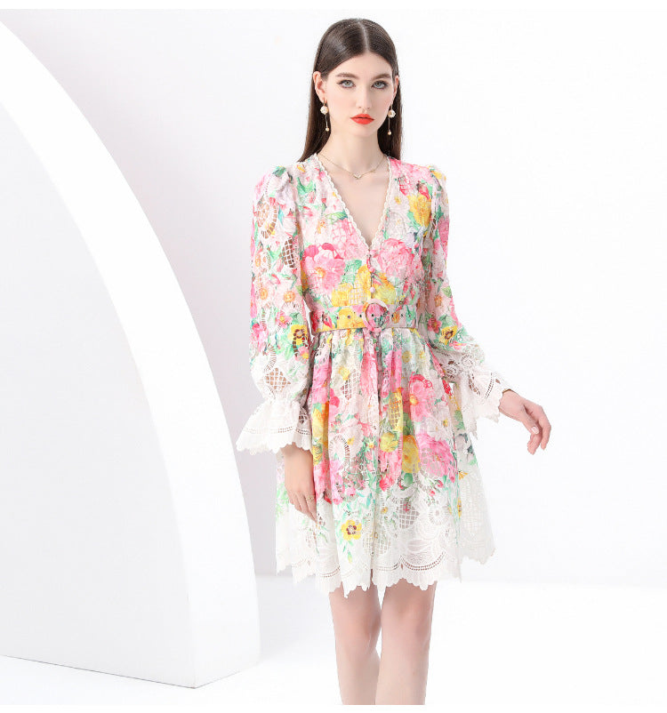 Lace Trim Floral V-Neck Dress