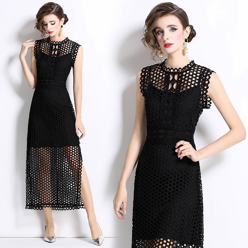 Black Hollow-Out Lace Midi Dress