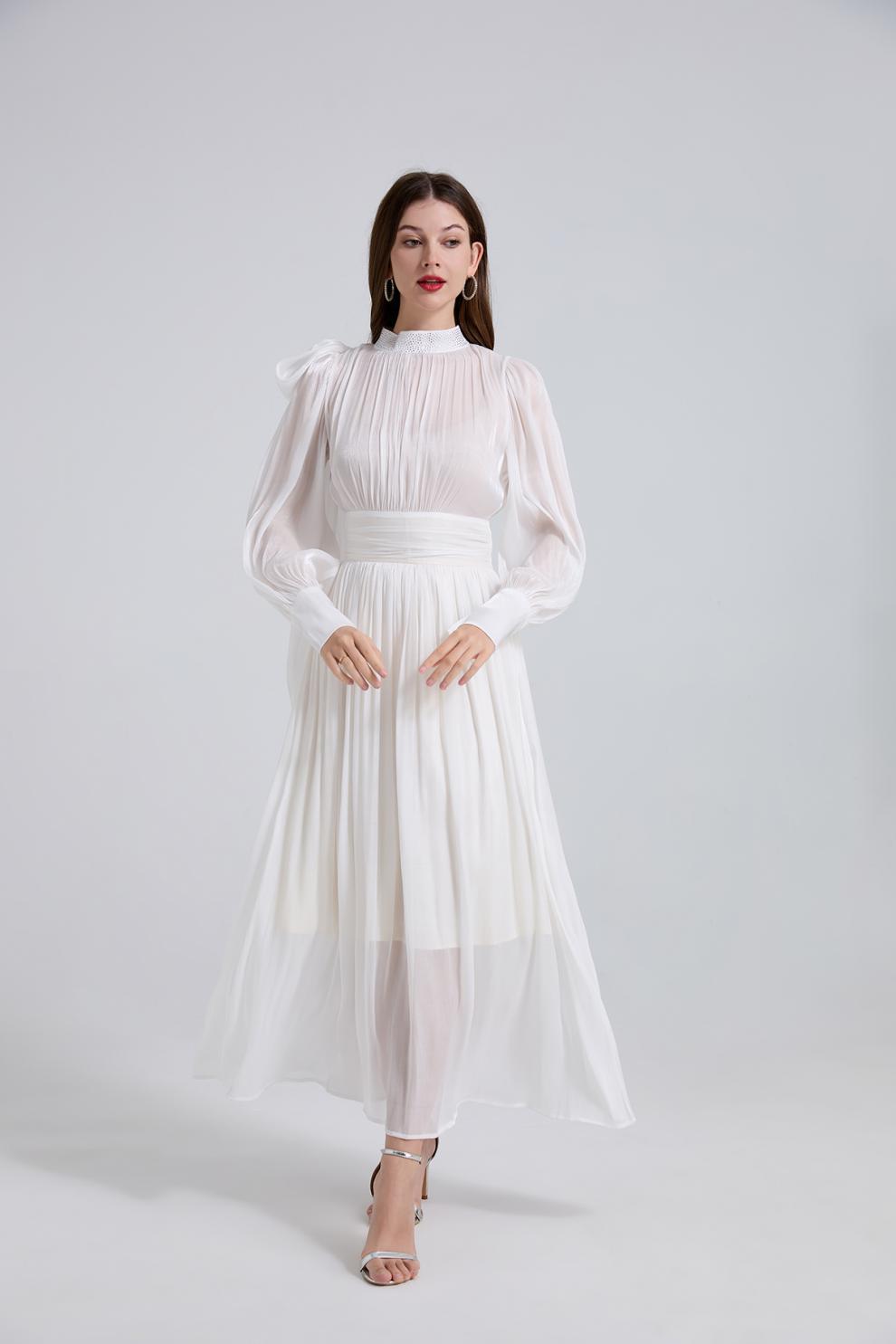 Ivory Grace High-Neck Pleated Midi Dress - 905557854806_WHITE