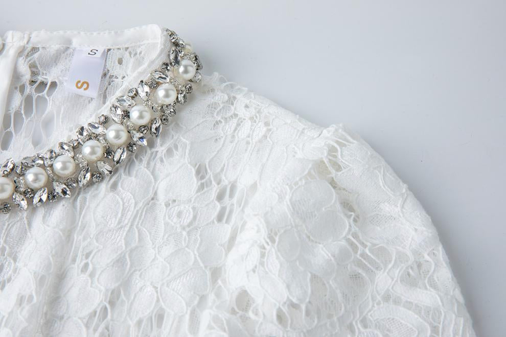 Elegance Pearl Trimmed Lace Midi Dress