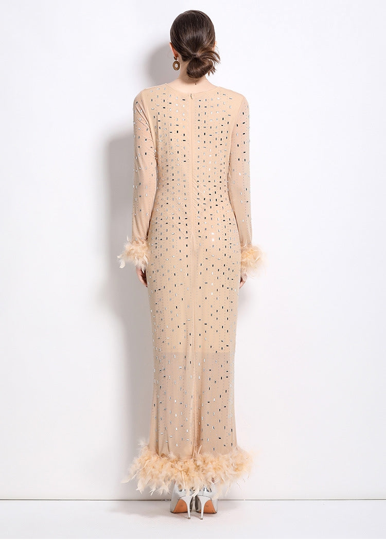 Heavy Embellished Stretchable Feather Sleeves Mesh Party Dress
