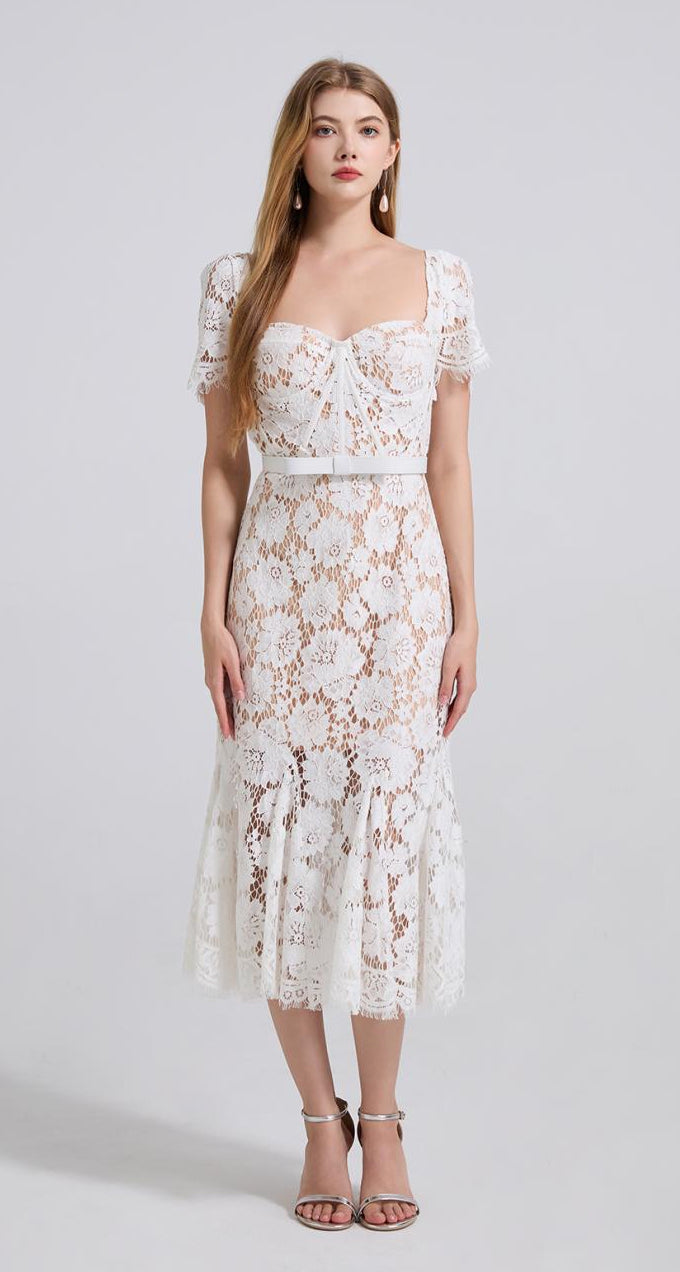 Ivory Grace Floral Lace Midi Dress - 912087138600_WHITE