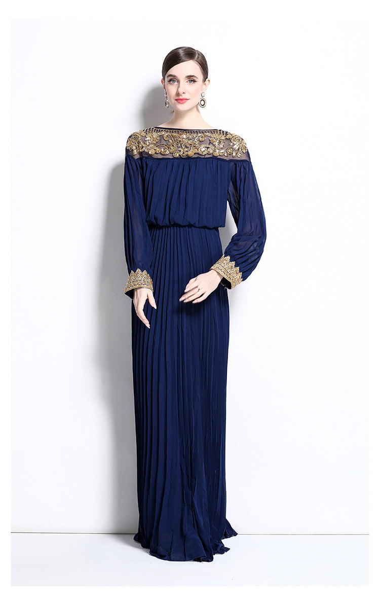 Midnight Majesty Embroidered Pleated Gown