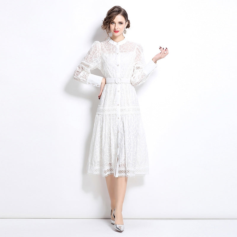 White Lace Belted Midi Dress