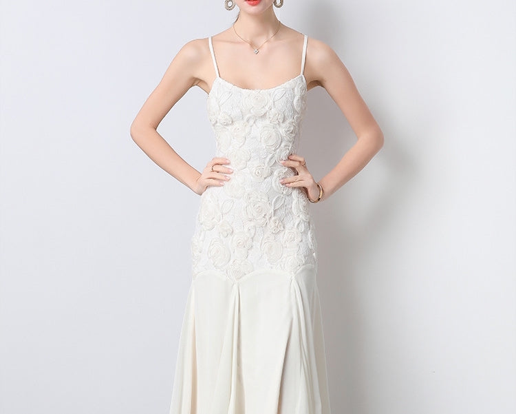 Elegant Rosette Lace Mermaid Dress - 903964984687_OFFWHITE