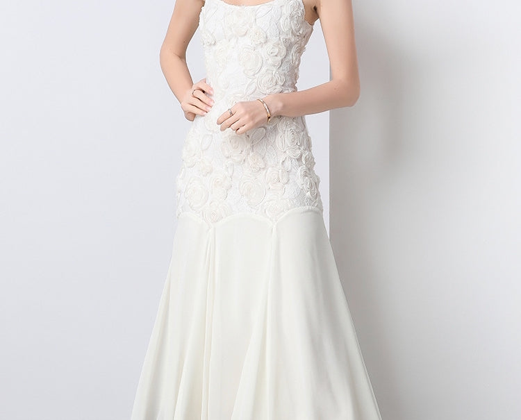 Elegant Rosette Lace Mermaid Dress - 903964984687_OFFWHITE