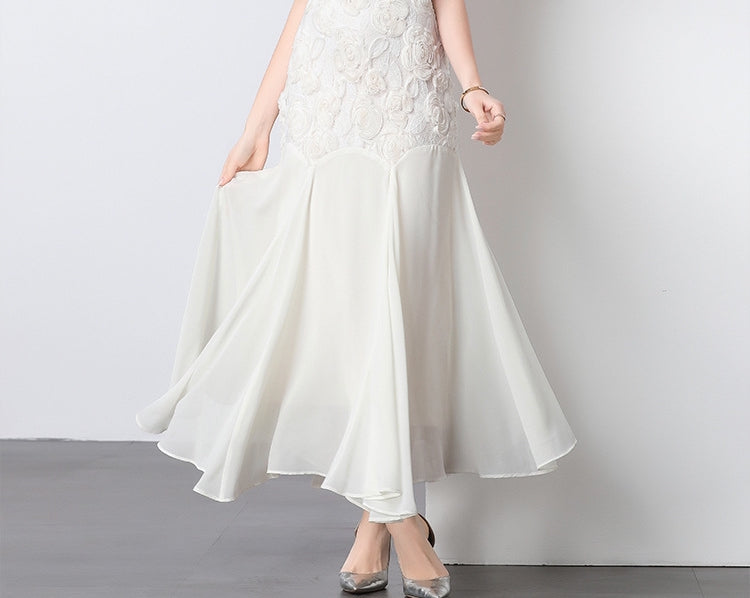 Elegant Rosette Lace Mermaid Dress - 903964984687_OFFWHITE