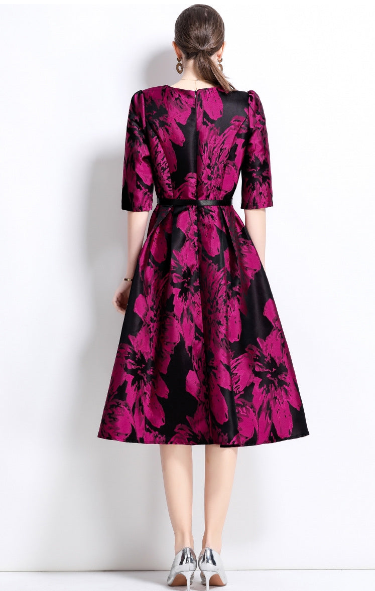 Jacquard Fuchsia Dress With Fitted Vest and Hepburn skirt