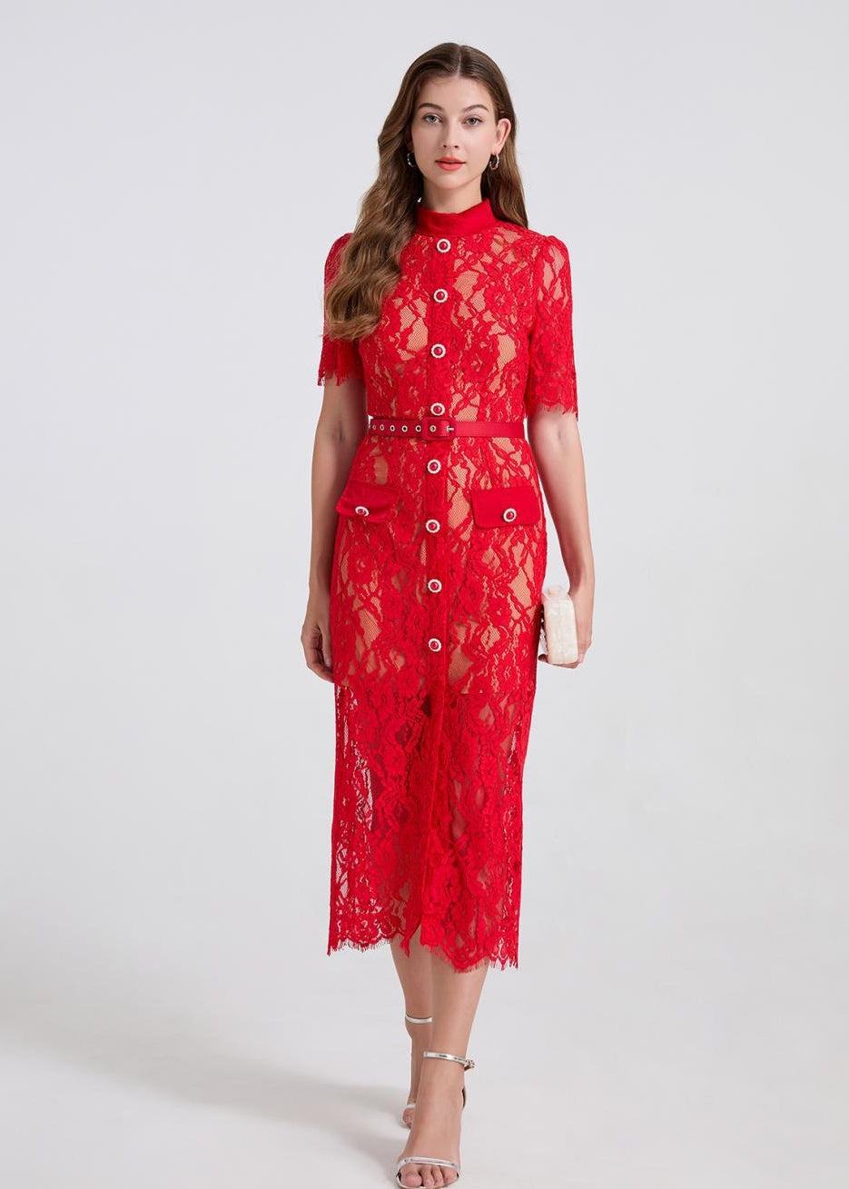 Scarlet Envy Lace Belted Dress